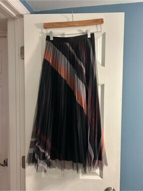 New Mix Black Pleated Midi Skirt with Rust and Gray Stripes